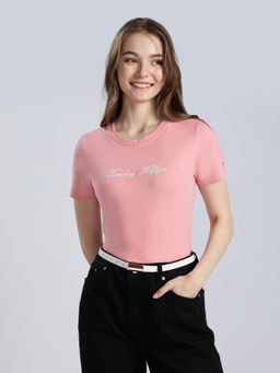 Tommy Hilfiger - Embroidered Logo Regular Fit Cotton Pink T-Shirt