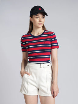 Tommy Hilfiger - Striped Slim Fit Cotton Red T-Shirt