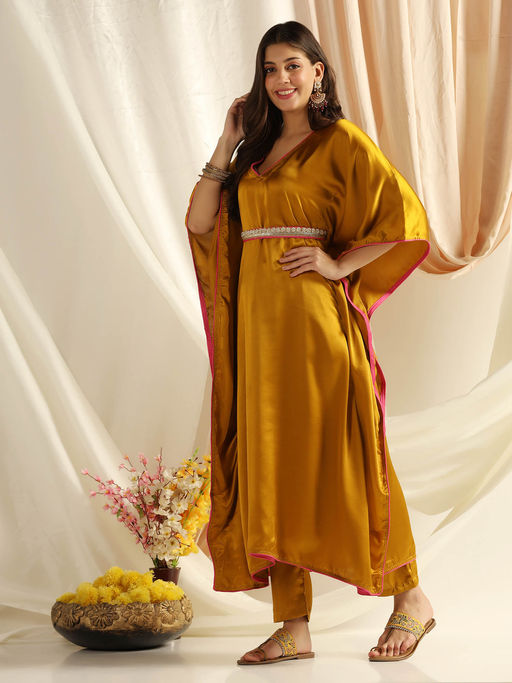 Buy SHADES OF FAASHION Satin Crepe Golden Kaftan (Set of 2) Online