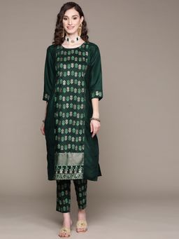 Ziyaa - Womens Dark Green Chinon Straight Kurta and Pant (Set of 2)