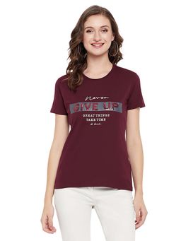 Cantabil - Women Wine Typography Casual T-Shirt