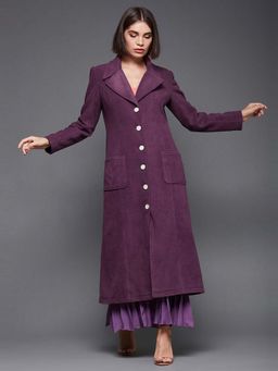 Miss Chase - Womens Dark Mauve Solid V-Neck Full Sleeve Polyester Jacket