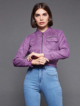 Miss Chase - Womens Dark Lavender Solid Full Sleeve Polyester Cropped Jacket