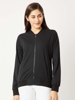 Miss Chase - Womens Black Solid Full Sleeve Regular Bomber Polycotton Jacket