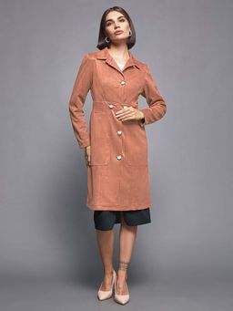 Miss Chase - Womens Rust Solid Full Sleeve Longline Polyester Jacket