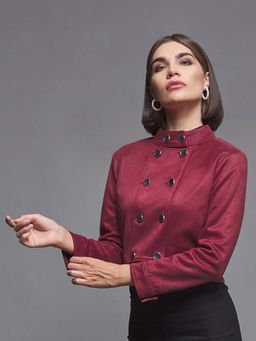 Miss Chase - Womens Dark Wine Solid High Neck Full Sleeve Cropped Jacket