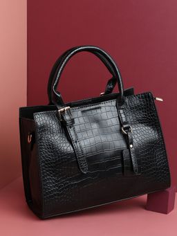 Haute Sauce - Black Textured Pu Shopper Handheld Bag with Tasselled