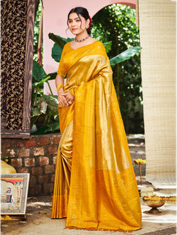 Sangam Prints - Yellow Kanjivaram Silk Woven Work Saree with Unstitched Blouse