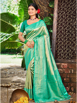 Sangam Prints - Sea Green Kanjivaram Silk Woven Work Saree with Unstitched Blouse
