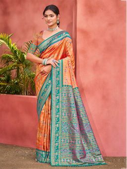 Sangam Prints - Light Orange Kanjivaram Silk Woven Work Saree with Unstitched Blouse