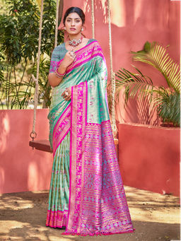 Sangam Prints - Sea Green Kanjivaram Silk Woven Work Saree with Unstitched Blouse