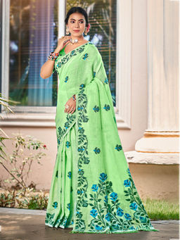 Sangam Prints - Light Green Kanjivaram Silk Woven Work Saree with Unstitched Blouse