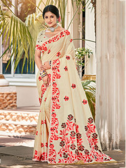 Sangam Prints - Beige Kanjivaram Silk Woven Work Saree with Unstitched Blouse
