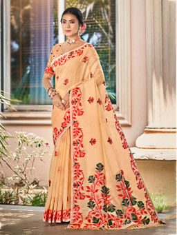 Sangam Prints - Peach Kanjivaram Silk Woven Work Saree with Unstitched Blouse