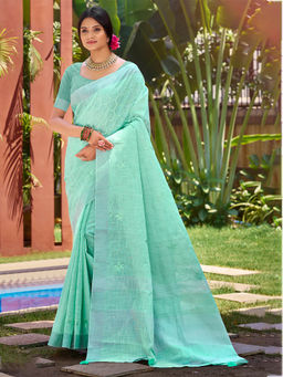 Sangam Prints - Mint Green Linen Woven Work Saree with Unstitched Blouse