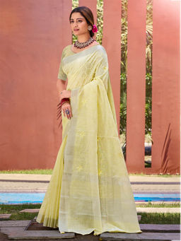 Sangam Prints - Yellow Linen Woven Work Saree with Unstitched Blouse