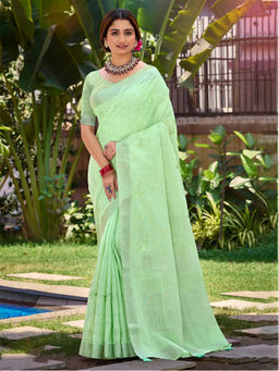 Sangam Prints - Light Green Linen Woven Work Saree with Unstitched Blouse