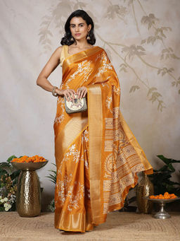 MEENA BAZAAR - Mustard Floral Printed Cotton Saree with Unstitched Blouse