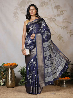 MEENA BAZAAR - Navy Blue Floral Printed Cotton Saree with Unstitched Blouse