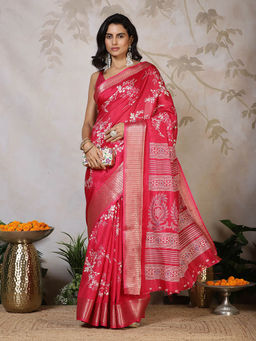 MEENA BAZAAR - Red Floral Printed Cotton Saree with Unstitched Blouse