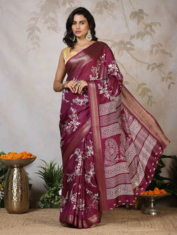 MEENA BAZAAR - Wine Floral Printed Cotton Saree with Unstitched Blouse