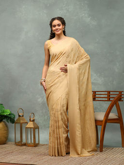 MEENA BAZAAR - Beige Woven Georgette Saree with Unstitched Blouse