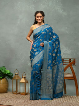 MEENA BAZAAR - Blue Woven Georgette Saree with Unstitched Blouse