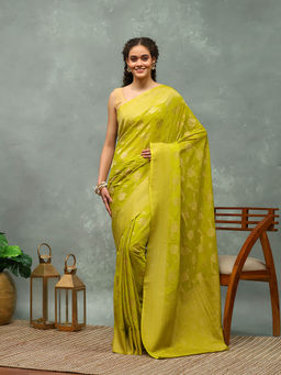 MEENA BAZAAR - Green Woven Georgette Saree with Unstitched Blouse
