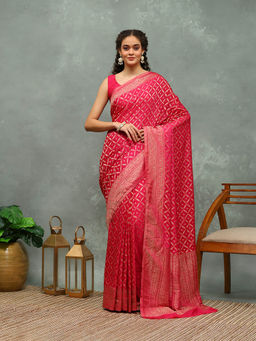 MEENA BAZAAR - Pink Woven Georgette Saree with Unstitched Blouse