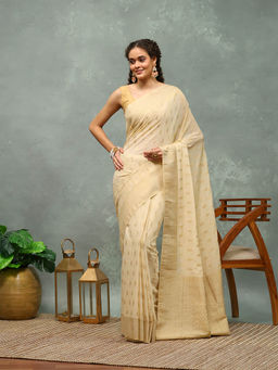 MEENA BAZAAR - Beige Woven Georgette Saree with Unstitched Blouse