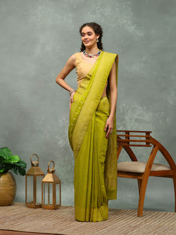 MEENA BAZAAR - Green Woven Georgette Saree with Unstitched Blouse