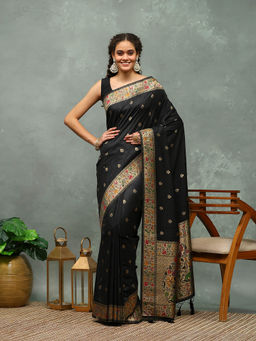 MEENA BAZAAR - Black Woven Art Silk Saree with Unstitched Blouse