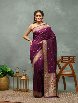 MEENA BAZAAR - Wine Woven Art Silk Saree with Unstitched Blouse