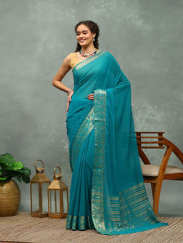 MEENA BAZAAR - Blue Woven Chiffon Saree with Unstitched Blouse