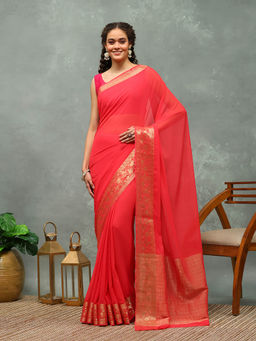 MEENA BAZAAR - Red Woven Chiffon Saree with Unstitched Blouse