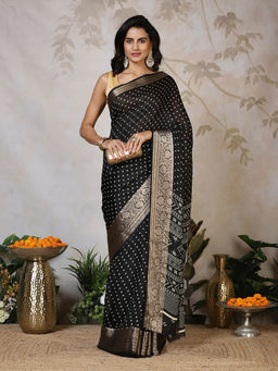 MEENA BAZAAR - Black Printed Georgette Saree with Unstitched Blouse