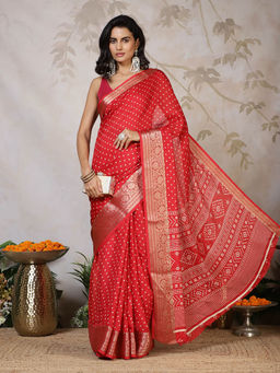 MEENA BAZAAR - Red Printed Georgette Saree with Unstitched Blouse