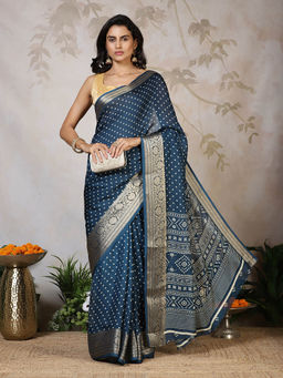 MEENA BAZAAR - Blue Printed Georgette Saree with Unstitched Blouse