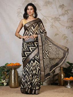 MEENA BAZAAR - Black Printed Georgette Saree with Unstitched Blouse
