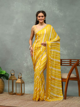 MEENA BAZAAR - Mustard Stripes Printed Chiffon Saree with Unstitched Blouse