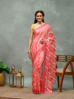 MEENA BAZAAR - Pink Stripes Printed Chiffon Saree with Unstitched Blouse