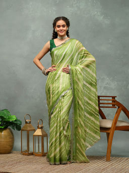 MEENA BAZAAR - Green Stripes Printed Chiffon Saree with Unstitched Blouse