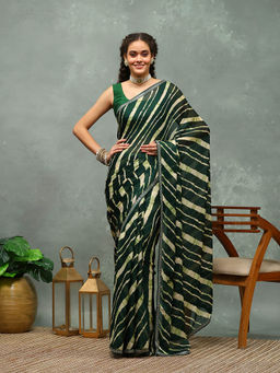 MEENA BAZAAR - Forest Green Stripes Printed Chiffon Saree with Unstitched Blouse