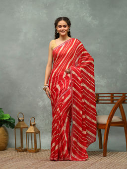 MEENA BAZAAR - Red Stripes Printed Chiffon Saree with Unstitched Blouse