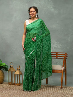 MEENA BAZAAR - Green Bandhani Printed Georgette Saree with Unstitched Blouse