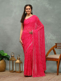 MEENA BAZAAR - Pink Bandhani Printed Georgette Saree with Unstitched Blouse