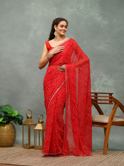 MEENA BAZAAR - Red Bandhani Printed Georgette Saree with Unstitched Blouse