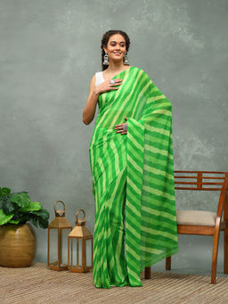 MEENA BAZAAR - Green Stripes Printed Georgette Saree with Unstitched Blouse