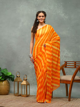 MEENA BAZAAR - Orange Stripes Printed Georgette Saree with Unstitched Blouse