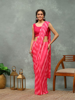 MEENA BAZAAR - Pink Stripes Printed Georgette Saree with Unstitched Blouse